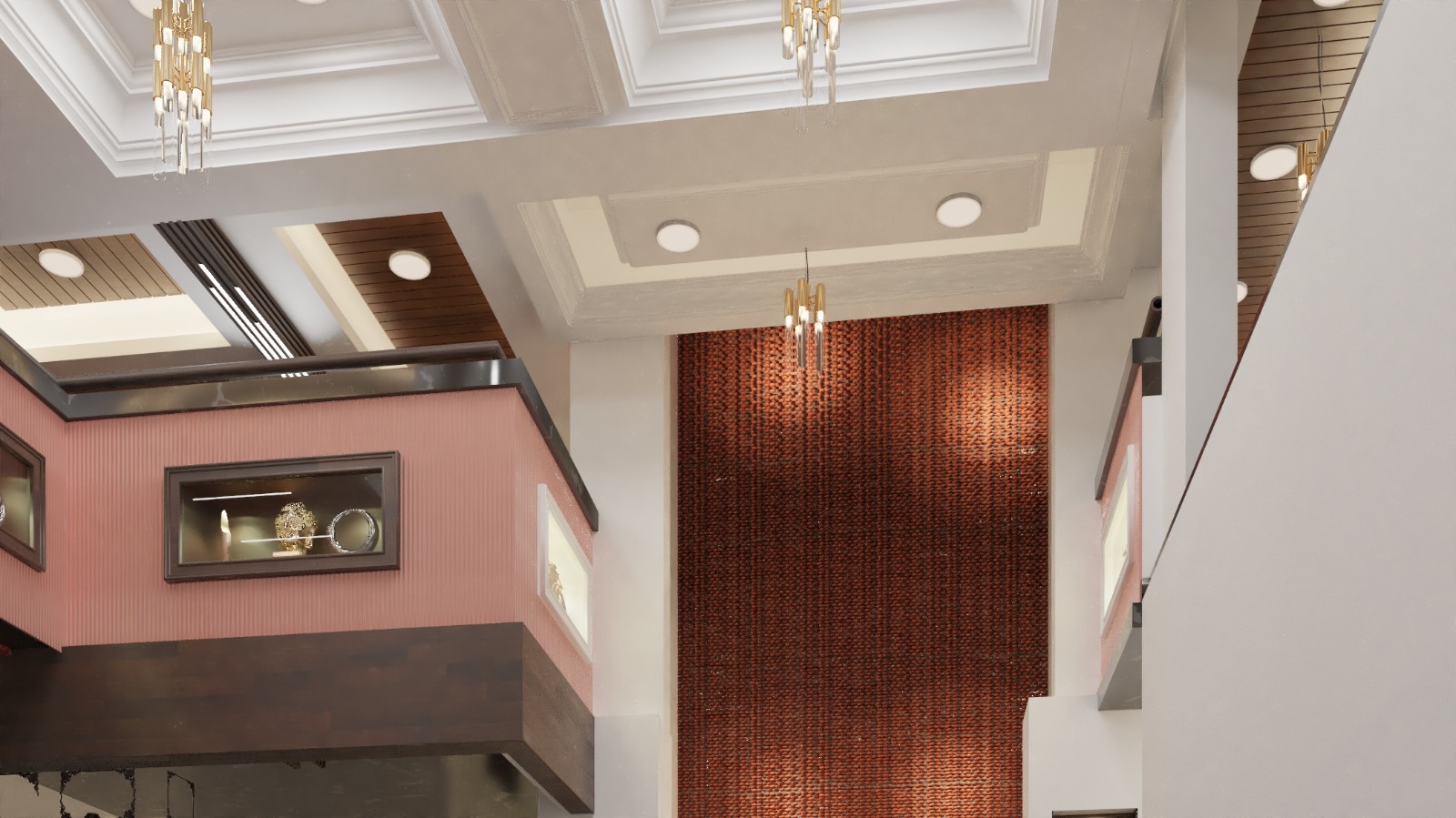 Double-height living room with wood panelling
