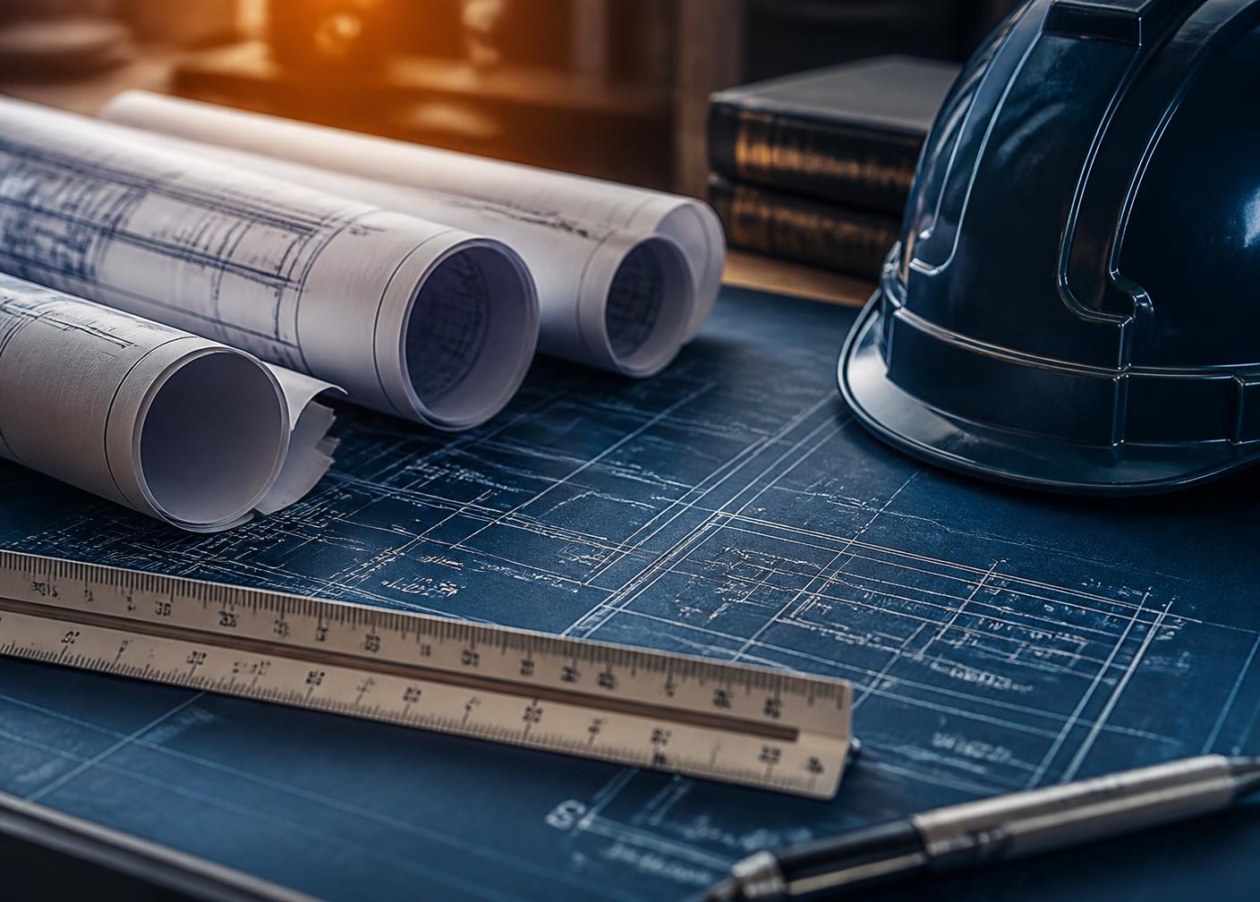 Structural drawings, scale rule and safety helmet on an engineer's desk